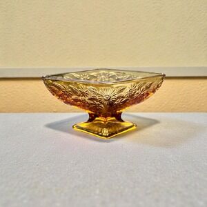Vtg Indiana Amber Glass Footed Candy Dish  Floral Diamond Shape Dessert Bowl